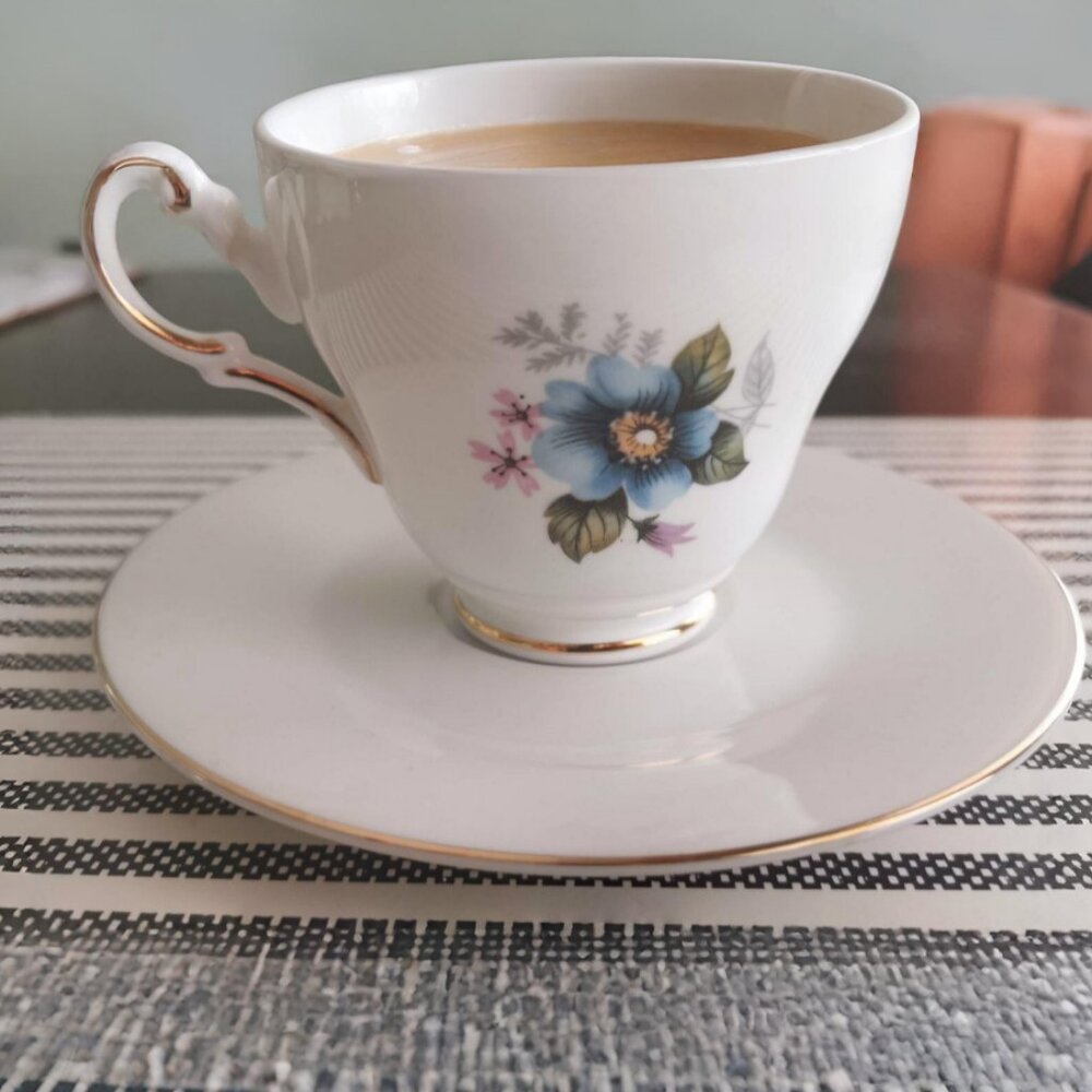 Regency English Bone China Teacup and Saucer Set , Blue Floral